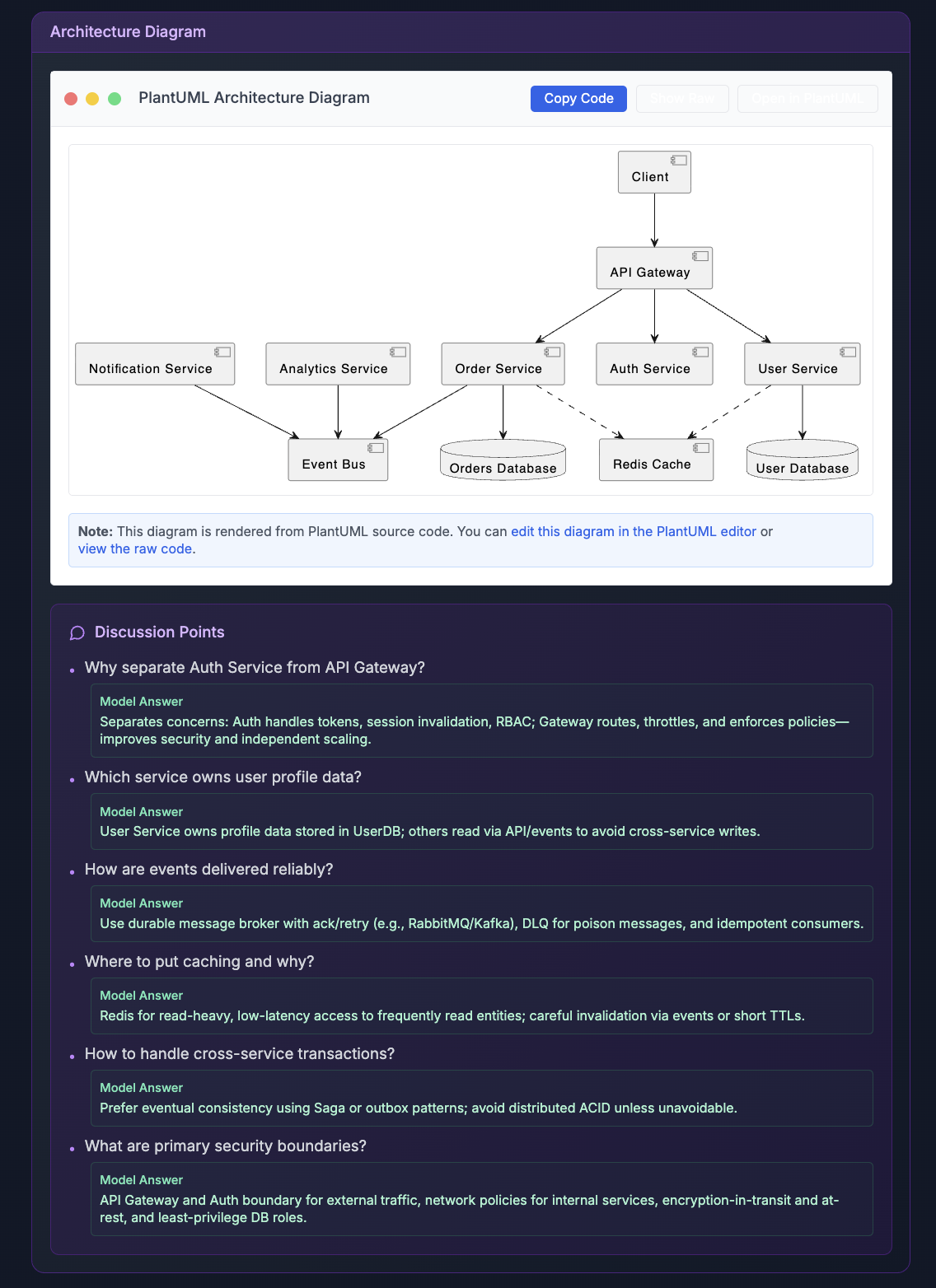 Interview question bank with architecture diagram and system design prompts