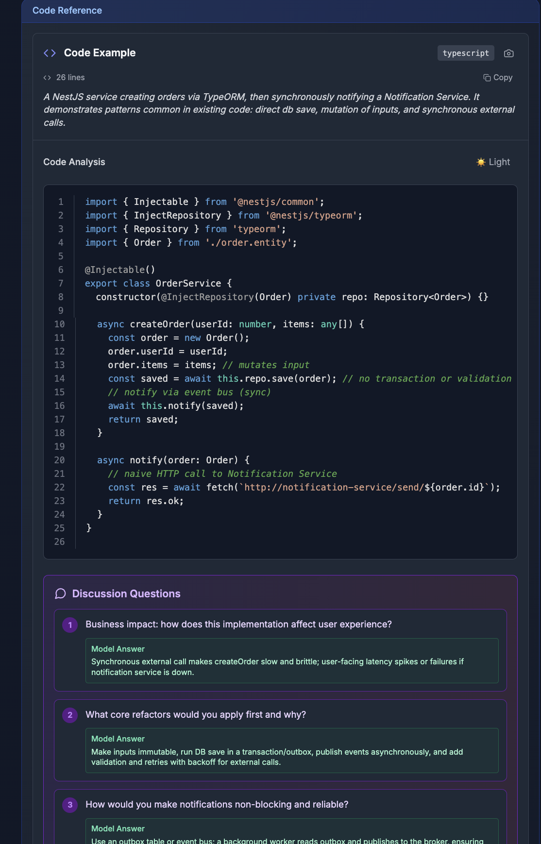 DevFailer coding challenge generator presenting a real React code sample for review