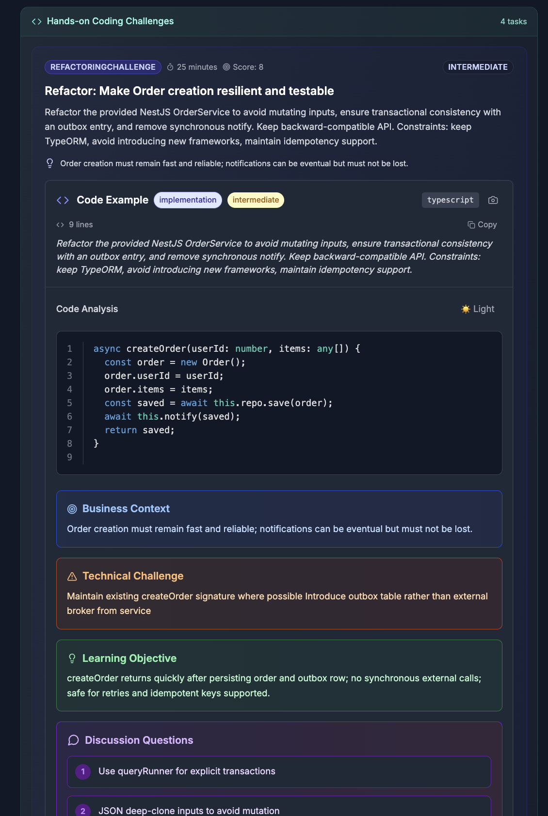 AI coding interview workspace reviewing code changes inside the interview pack
