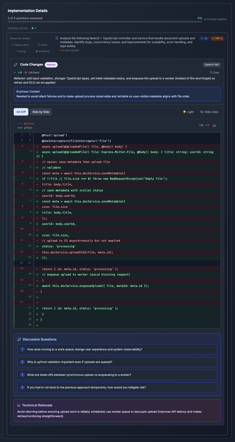 DevFailer technical screening tool highlighting advanced Git diff analysis